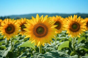 Obraz premium A field of sunflowers basking in the sun with a blue sky in the background.