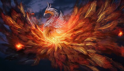 Fototapeta premium 飛翔するフェニックス_「輝く残り火と炎の軌跡に囲まれて、空を舞う雄大なフェニックス。この生き物の鮮やかな羽は、赤、オレンジ、金色の色合いを放ち、ダイナミックな動きの感覚を生み出してい