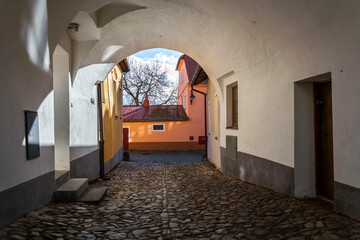 Beautiful arcade in the streets of the Old Town in Tabor, Bohemia, Czech Republic