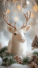 White reindeer decoration surrounded by festive greenery and snowflakes in a winter setting
