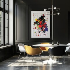 A modern dining room with a black and white color scheme featuring a large abstract painting above a round table and four chairs