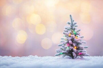 Obraz premium Christmas Tree with Colorful Lights in Snow and Bokeh Background