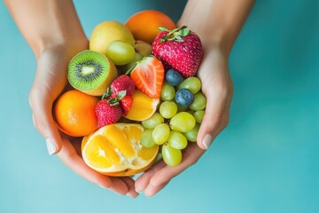 A person holding a bunch of fresh fruit in their hands, with various types and colors