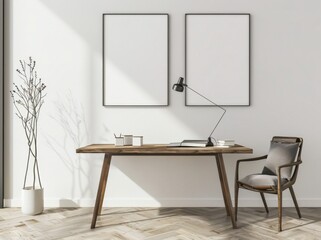 A modern home office with a wooden desk. a grey office chair. two blank frames. and a lamp The room is bathed in natural light. creating a bright and airy feel