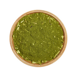 top view flat lay pile of Brazilian green yerba mate or Brazil Chimarrao isolated on white background in wood bowl