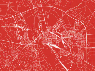 Christmas Map of Opole, Poland in Snowy White on Festive Red Background.