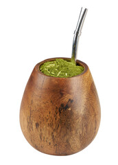 Brazilian green yerba mate or Brazil Chimarrao isolated on white background in wood cup and...
