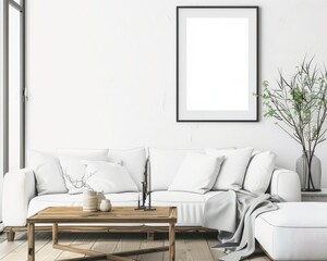 Minimalist living room interior with a white sofa. a black framed poster. and a glass coffee table