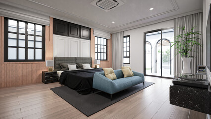 Modern Minimalism Bedroom Design in Black Blue and Wood Tones