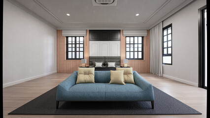 Modern Minimalism Bedroom Design in Black Blue and Wood Tones