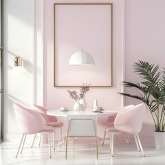 Minimalist dining room interior with pink chairs. white round table. and a large framed abstract painting