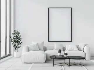 Fototapeta premium Minimalist living room interior with a white sofa. coffee table. and a large empty frame on the wall The room is decorated with a few decorative plants