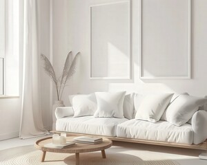 Fototapeta premium A cozy living room interior with a white sofa. a coffee table. a plant. and a window The room is decorated with two framed artwork pieces. with natural light pouring in from the window