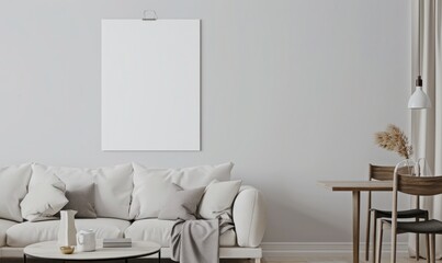 Minimalist living room interior with a large blank canvas. a wooden dining table and chairs. a white sofa with pillows. and a rug on the floor