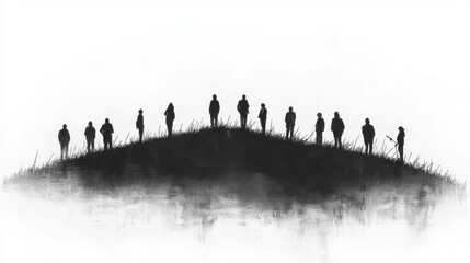 group of people standing on hill, silhouetted against foggy background, creating mysterious and contemplative atmosphere