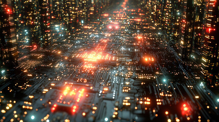 Fototapeta premium Futuristic cityscape illuminated by vibrant lights and intricate circuitry at night. Generative AI