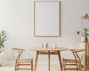 Minimalist dining room interior with wooden table. chairs. and a large empty picture frame on the wall