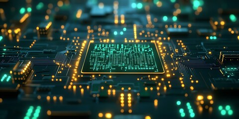 Obraz premium Close-up of a glowing computer chip on a circuit board.