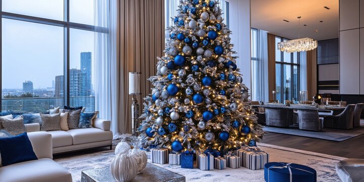 Christmas tree adorned with blue and silver decorations in a modern minimalist home