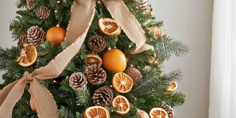 Christmas tree decorated with natural elements like pinecones, burlap ribbons, and dried oranges