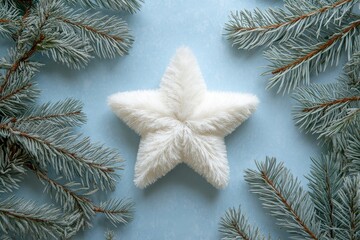 White Christmas star with fur and spruce branches on light blue background, flat lay design for New Year or holiday greeting card.