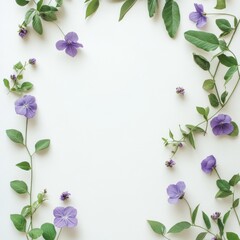 Leafy arrangement with purple flowers creating a natural frame on a white background