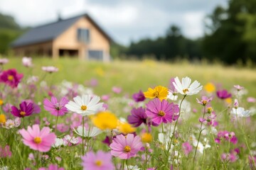 Fototapeta premium Vibrant wildflowers blooming in a meadow near a rustic wooden cabin on a cloudy day