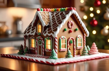 gingerbread house in christmas kitchen