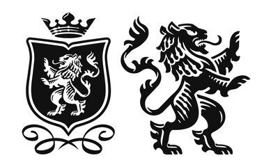 Roaring heraldic lion standing on paws. Royal coat of arms shield with animal © ~ Bitter ~