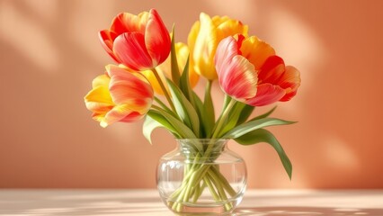 Fototapeta premium Tulips in a vase, positioned for visual appeal using the rule of thirds, creating a balanced composition.