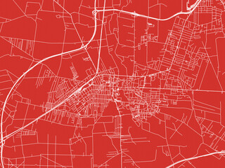 Christmas Map of Pabianice, Poland in Snowy White on Festive Red Background.