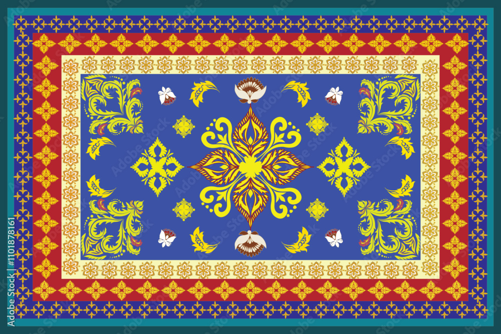 Poster intricate floral design with vibrant yellow and red patterns, surrounded by blue and green geometric