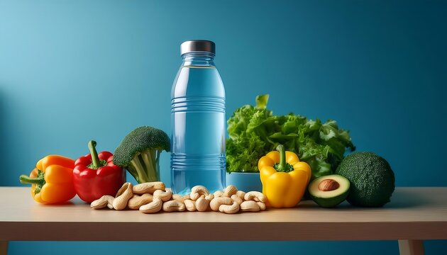  A table setup featuring a water bottle, cashews, mixed veggies, and a blue wall in a balanc_1(593)