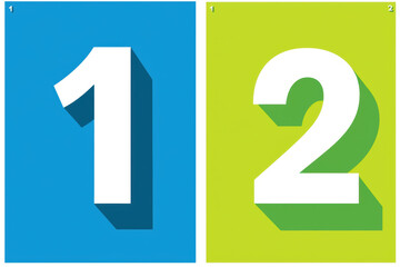 Bright blue and green number cards featuring bold, three dimensional digits one and two, perfect for educational purposes or children learning materials