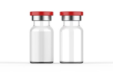 Transparent glass bottles for injections mockup. Vaccine bottle mock up on isolated white background. 3d illustration.