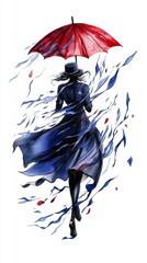 A figure in a dark coat and hat walks with a red umbrella, surrounded by swirling ribbons, evoking a sense of mystery and movement.