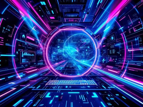 Vibrant neon stream backdrop, 4K long exposure.