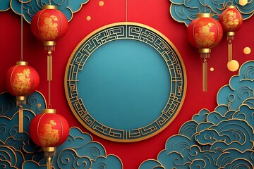 Podium round stage podium and paper art Chinese new year,Chinese Festivals, Mid Autumn Festival , red paper cut ,flower and asian elements with craft style on background.