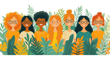 Fototapeta premium Diverse team of women with glasses smiling among green foliage, showcasing cultural diversity and unity in workplace