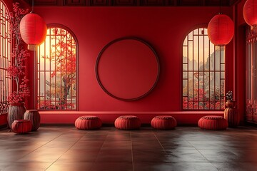 Podium round stage chinese style, for chinese new year and festivals or mid autumn festivalwith red papar cut art and craft on color backgroung with asian elements