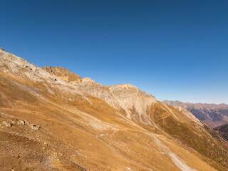 Aerial view of the fall scenery around the Umbrail Pass in Grisons, Switzerland