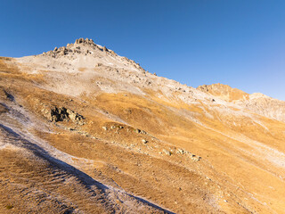 Aerial view of the fall scenery around the Umbrail Pass in Grisons, Switzerland