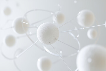 Minimalist 3D rendering of a molecular model with interconnected white spheres on a smooth gradient background, symbolizing science and innovation.