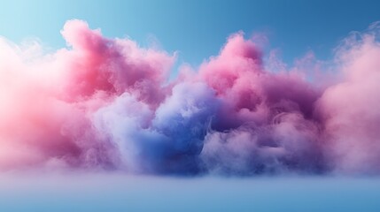 Fototapeta premium Pastel pink and blue cloudscape, dreamy, fluffy, cotton candy clouds over a light blue ground.