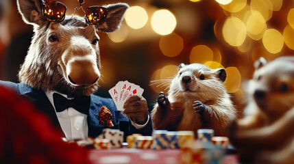 Moose in a tuxedo plays cards with friends at a stylish casino table during a lively evening celebration