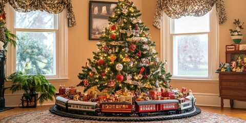 Christmas tree with a train set circling the base, surrounded by vintage toys and gifts