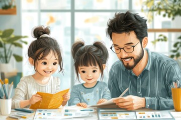 A father and his two daughters are sitting at a table, the father is writing in a notebook and the daughters are reading books.