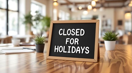 Holiday Closure Notice Concept. Blackboard with "Closed for Holidays" text on a desk in a business or office, representing vacation closure and time off