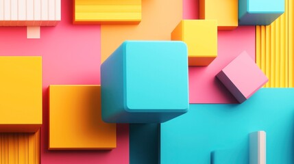 Obraz premium Abstract composition of colorful 3D cubes arranged on a vibrant geometric background with orange, pink, blue, and yellow blocks creating a dynamic visual pattern