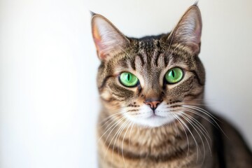 Fototapeta premium A close-up shot of a domestic cat's face with striking green eyes, suitable for use in animal-themed designs or illustrations